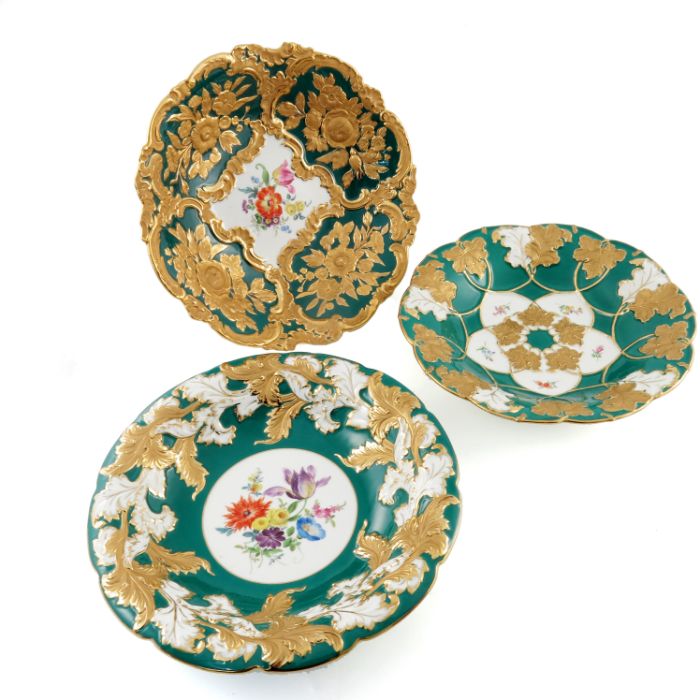 Three early 20th century Meissen floral decorated and relief moulded dishes