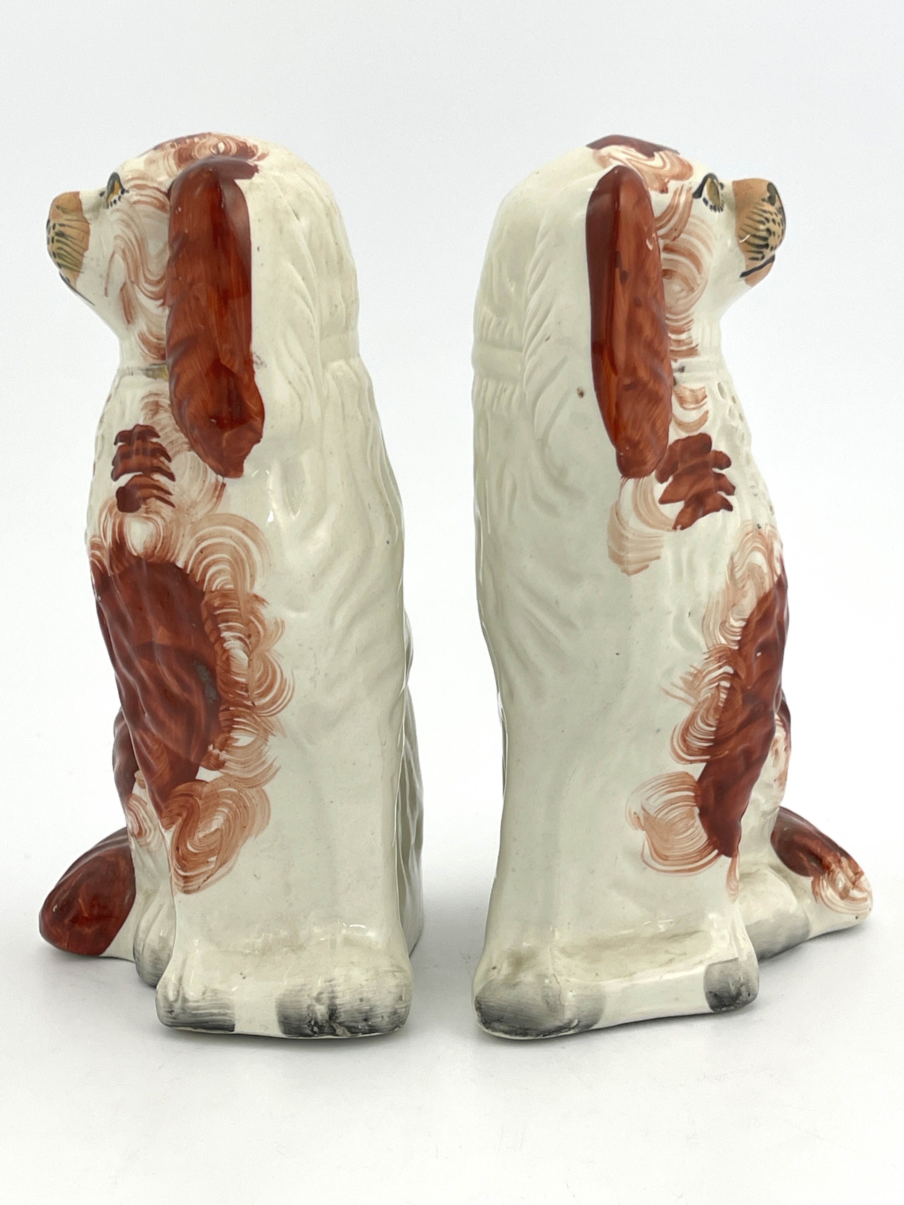 A pair of 19th Century Staffordshire flatback chimney dogs, modelled as brown and white spaniels, - Image 2 of 5