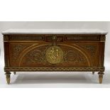 A Louis XVI design mahogany commode a vantaux, white veined marble top, gilt brass mounts