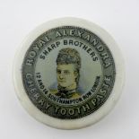 Advertising pot lid, Royal Alexandra Cherry Toothpaste, with printed portrait circular panel