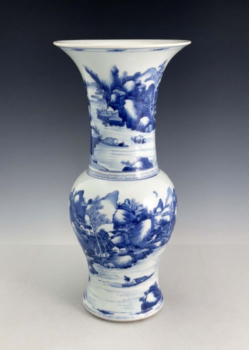 A Chinese blue and white yen yen vase, 18th century, flared rim, painted with a continuous