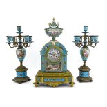 A French Sevres style ormolu mounted clock garniture