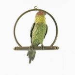 An Austrian cold painted bronze model of a parrot on a suspended hoop perch, early 20th Century,