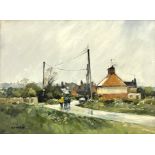 John Lines A.R.B.S.A, A.G.R.A, Litchborough Cyclists, oil on panel, signed l.l, 27cm x 37cm, framed