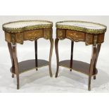 A pair of side tables of Louis XVI design, kidney shape, white veined marble tops with gilt metal