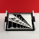 An Art Deco mirrored glass and chrome cocktail tray, circa 1930, rectangular form, the silver and