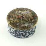 A 19th Century paste pot and cover, Deers in Parkland, with blue seaweed flange and matching base,