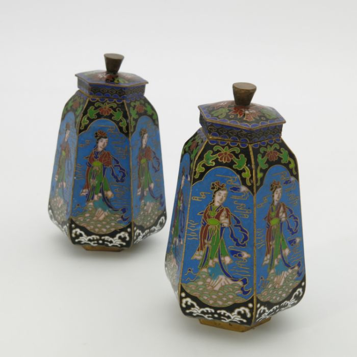 A pair of Japanese cloisonne covered vases, Meiji period, 1868-1912, of hexagonal tapered form, - Image 2 of 4