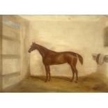 British School, 19th Century, a chestnut thoroughbred horse in a stable, saddle cloth draped to
