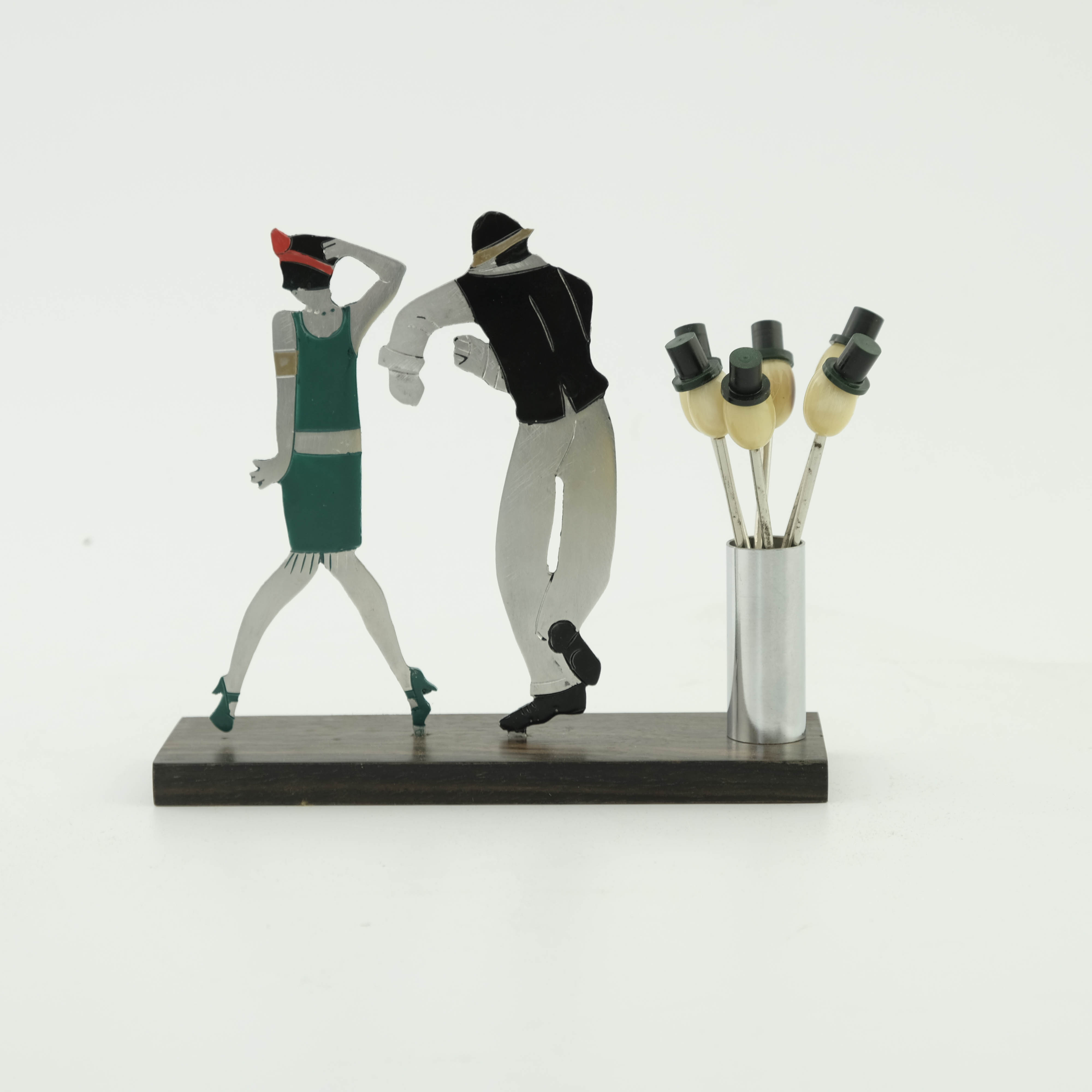 Sudre, a French Art Deco enamelled metal and Macassar novelty cocktail stick set, in the form of - Image 2 of 2