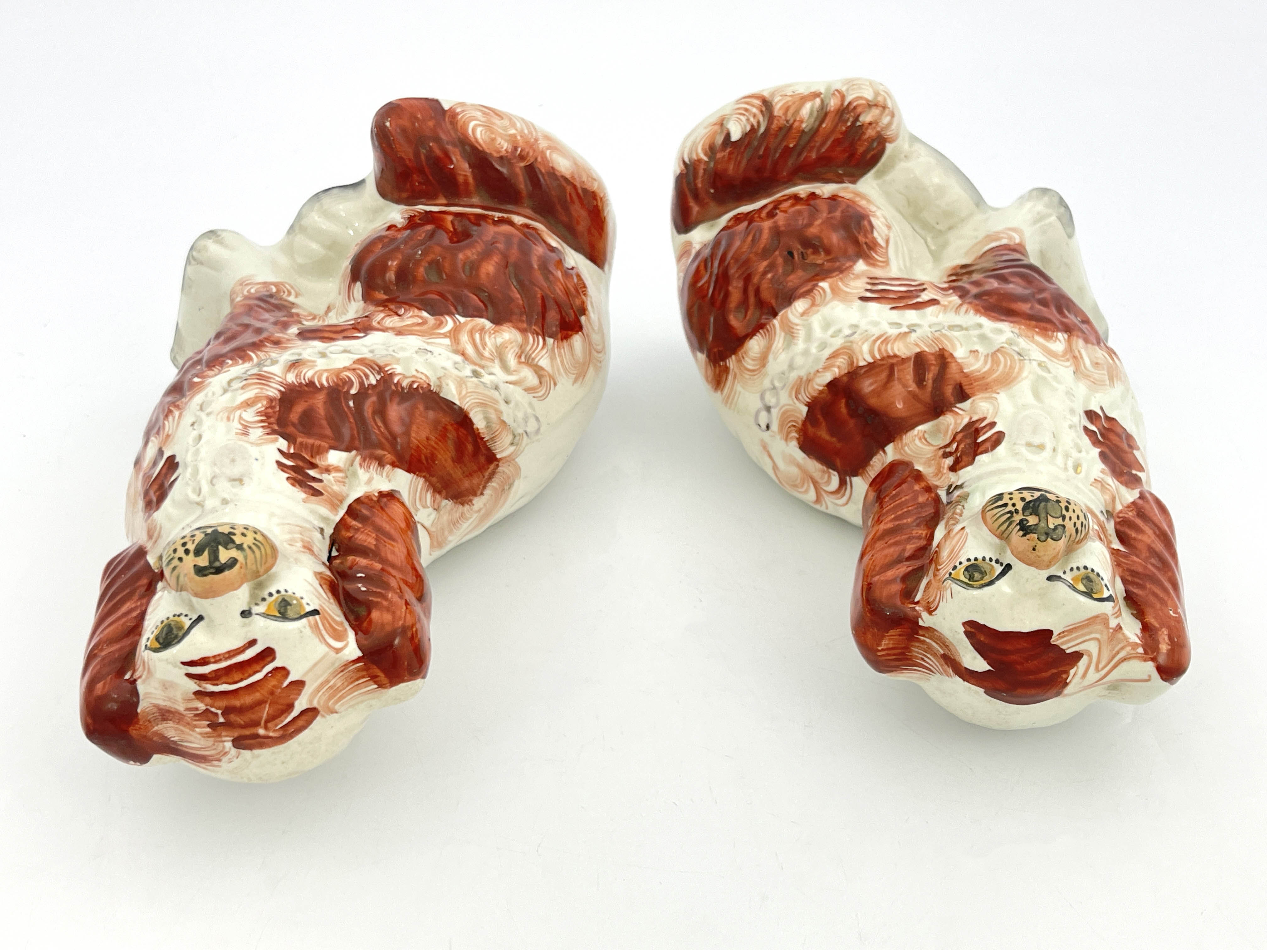 A pair of 19th Century Staffordshire flatback chimney dogs, modelled as brown and white spaniels, - Image 4 of 5