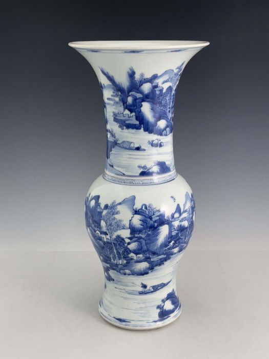 A Chinese blue and white yen yen vase, 18th century, flared rim, painted with a continuous - Image 2 of 5