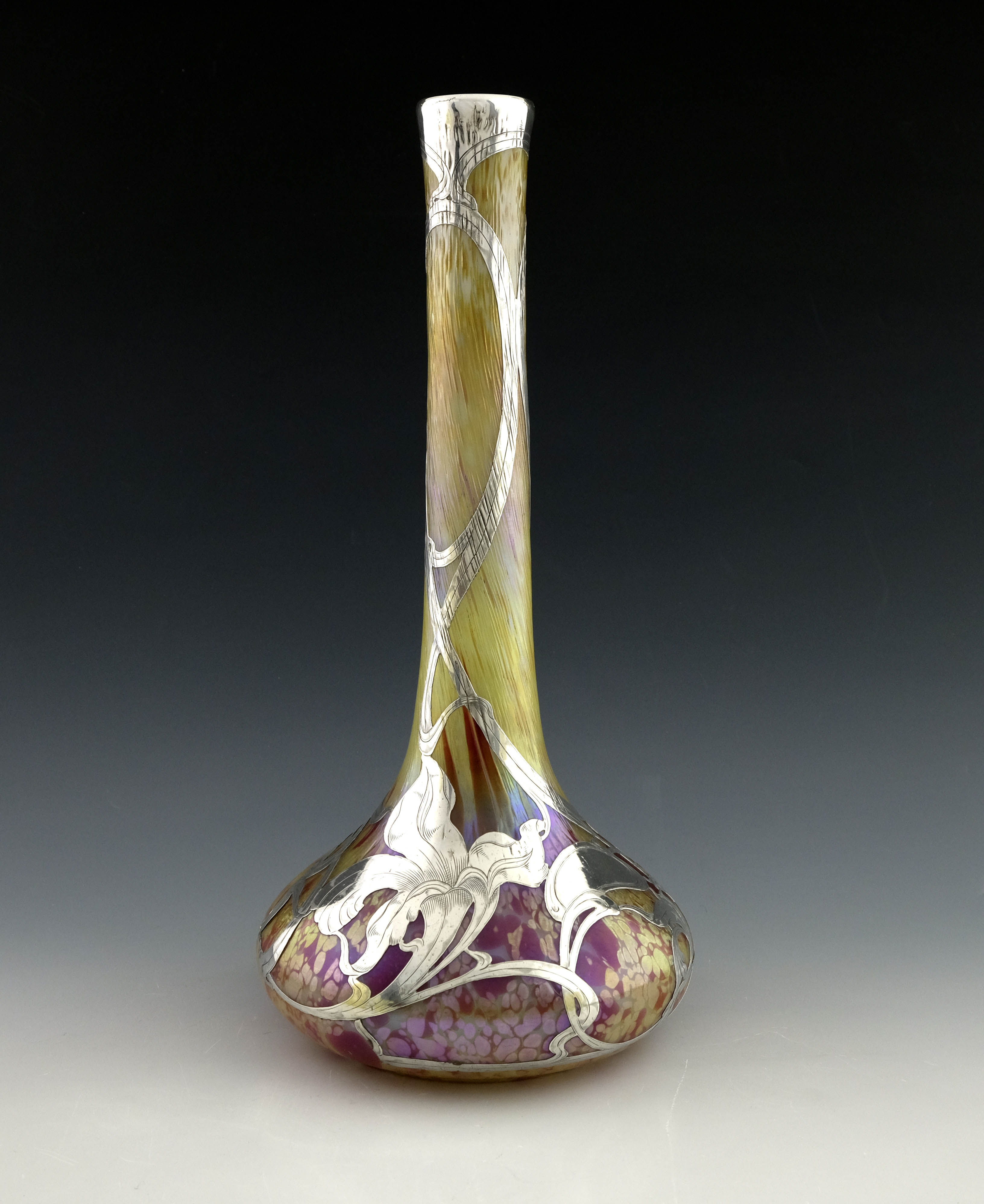 Fritz Heckert, a large Secessionist silver overlay iridescent glass vase
