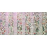 A Chinese silk embroidered panel, purple damask backing with vertical strips of figural garden and