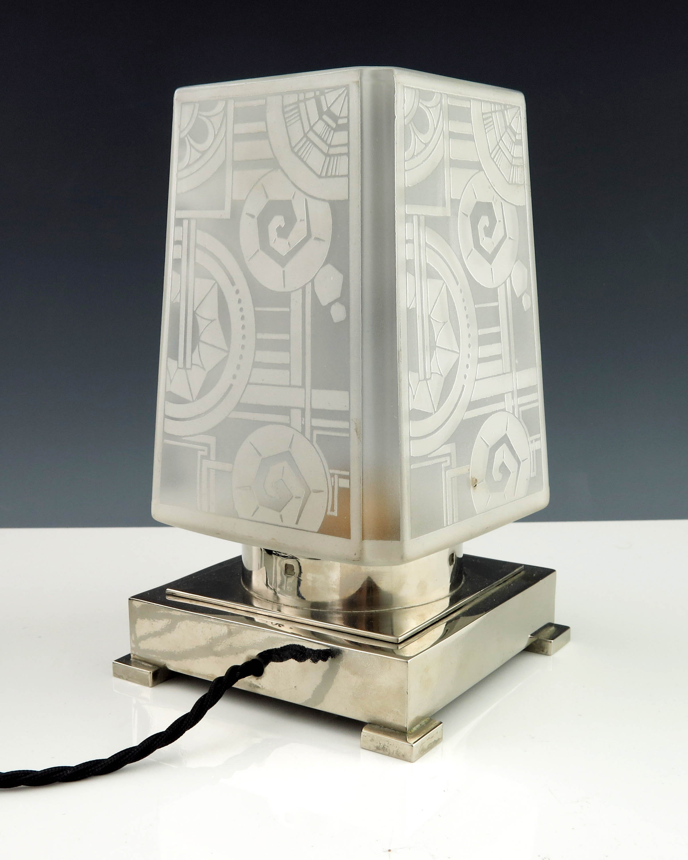 A French Art Deco table lamp with geometric frosted glass shade on chromed circular collar and - Image 2 of 3