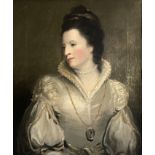 Follower of Sir Joshua Reynolds, portrait of a lady, half length in a gold embroidered white dress