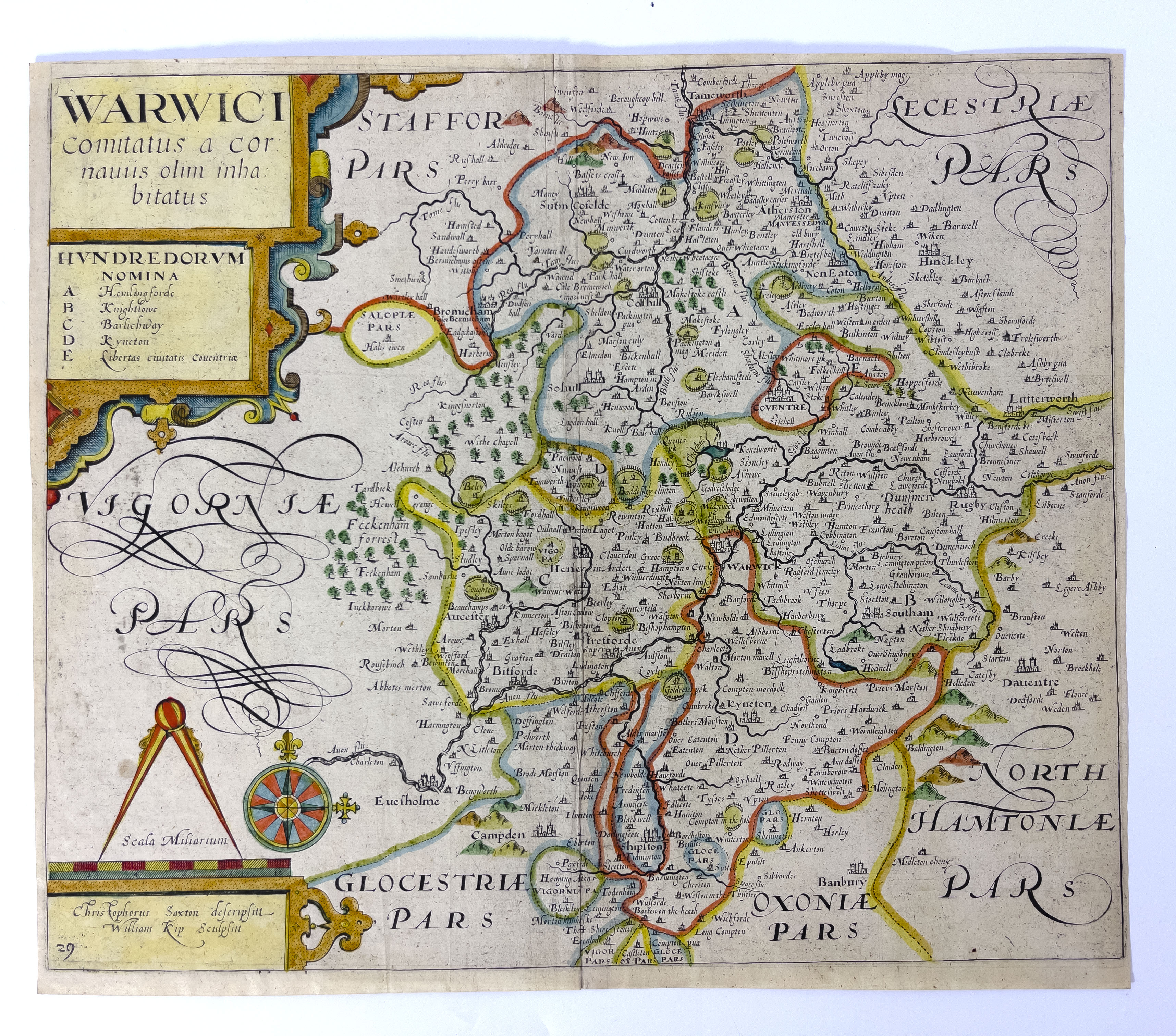 Saxton & Kip, Warwickshire, circa 1637, hand-coloured engraved map on laid paper, 30cm x 36cm,