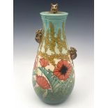 Sally Tuffin for Dennis Chinaworks, Poppies and Field Mice, bottle vase and cover, tear drop form, 3