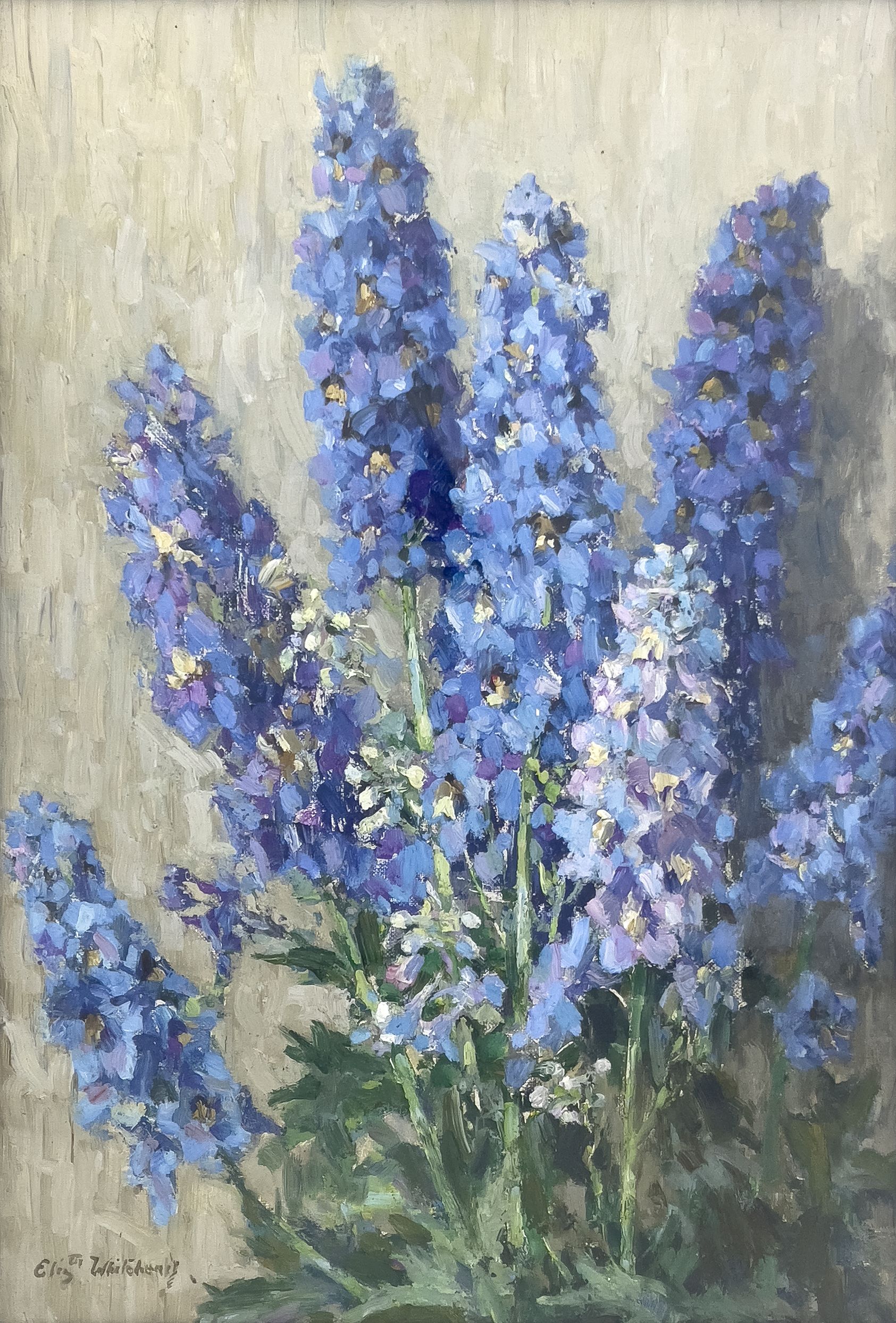 Elizabeth Whitehead (British, act.c.1877-c.1930), still life of blue delphinium, signed l.l., oil on