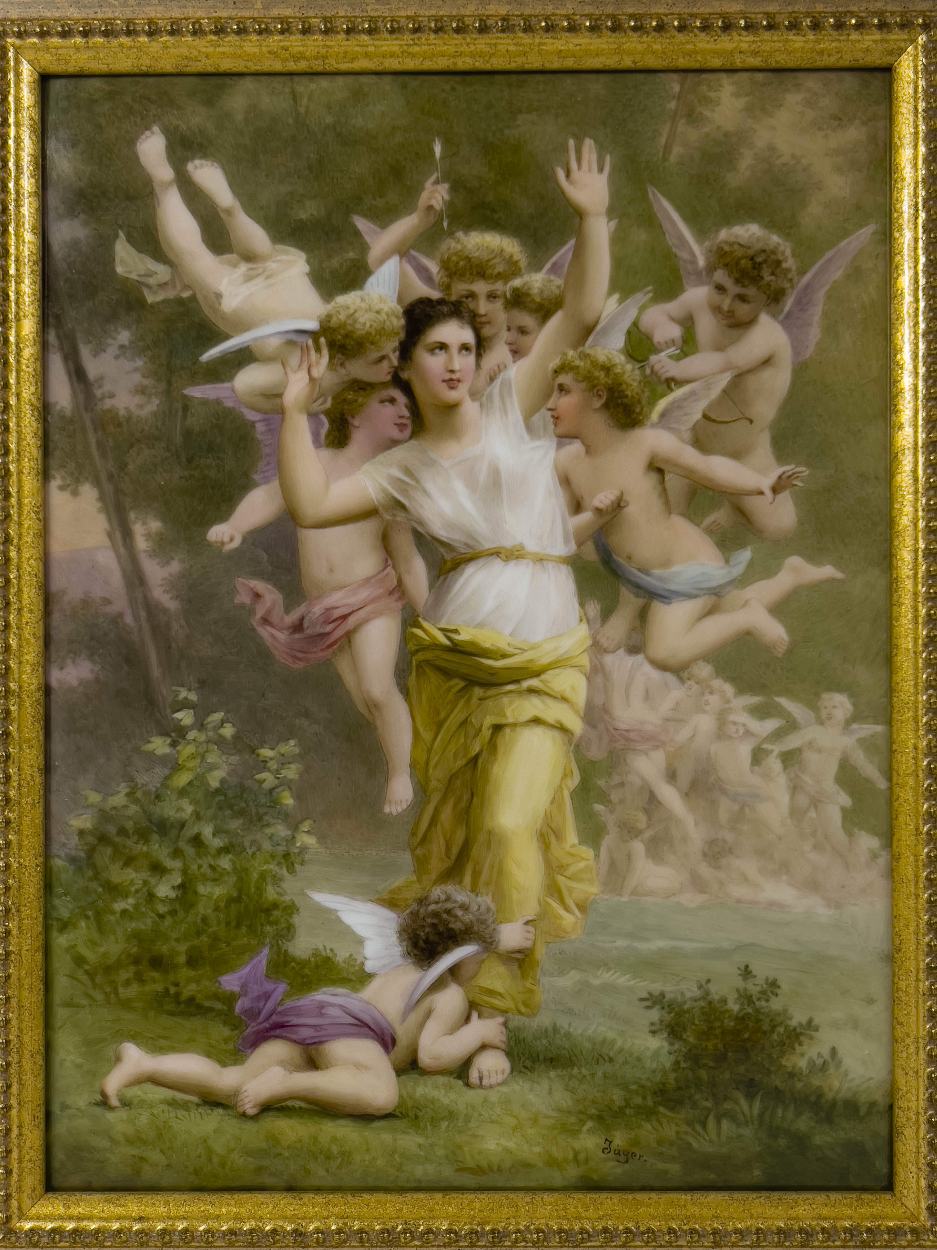 A late 19th Century KPM type porcelain plaque, painted scene, Le Guepier after William-Adolphe