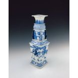 A 19th Century Chinese blue and white pagoda vase, of tiered and tapered square section, painted