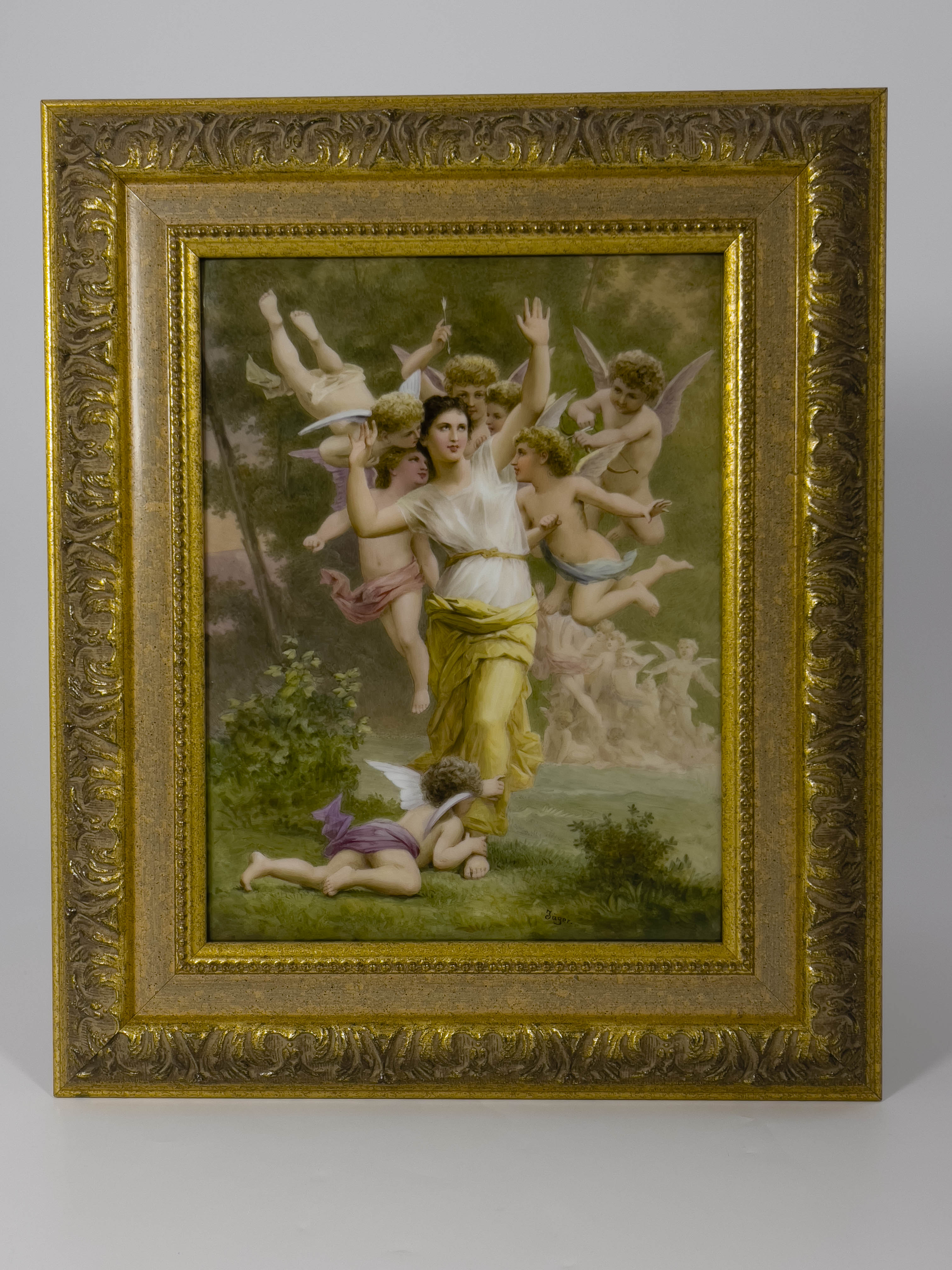 A late 19th Century KPM type porcelain plaque, painted scene, Le Guepier after William-Adolphe - Image 4 of 5