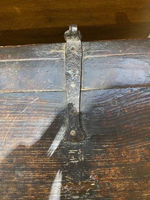 A 17th Century oak plank chest, moulded top with chip carved ends and corners, blacksmith hinges, - Image 10 of 10