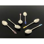 A set of six George VI Art Deco silver teaspoons, Turner & Simpson Ltd, Birmingham 1938, coloured