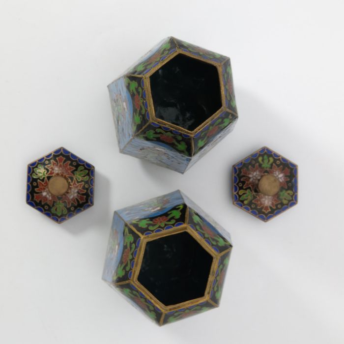 A pair of Japanese cloisonne covered vases, Meiji period, 1868-1912, of hexagonal tapered form, - Image 3 of 4