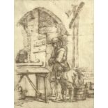 Dutch School, 18th Century, The Interior of a Cobblers with Two Men, titled verso, brown ink on