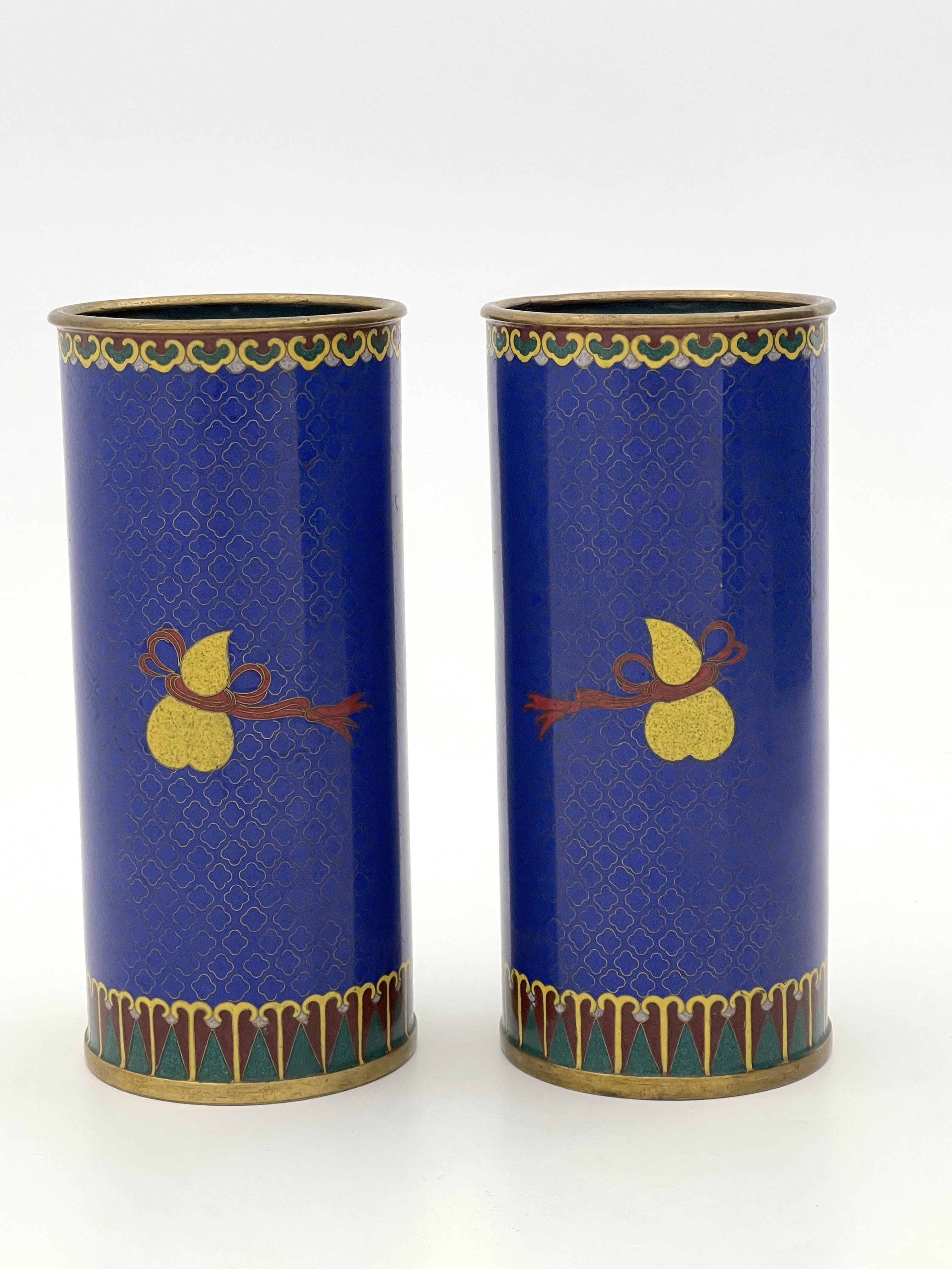 A pair of oriental cloisonne sleeve vases, decorated with stylised exotic birds amongst foliage on a - Image 4 of 4