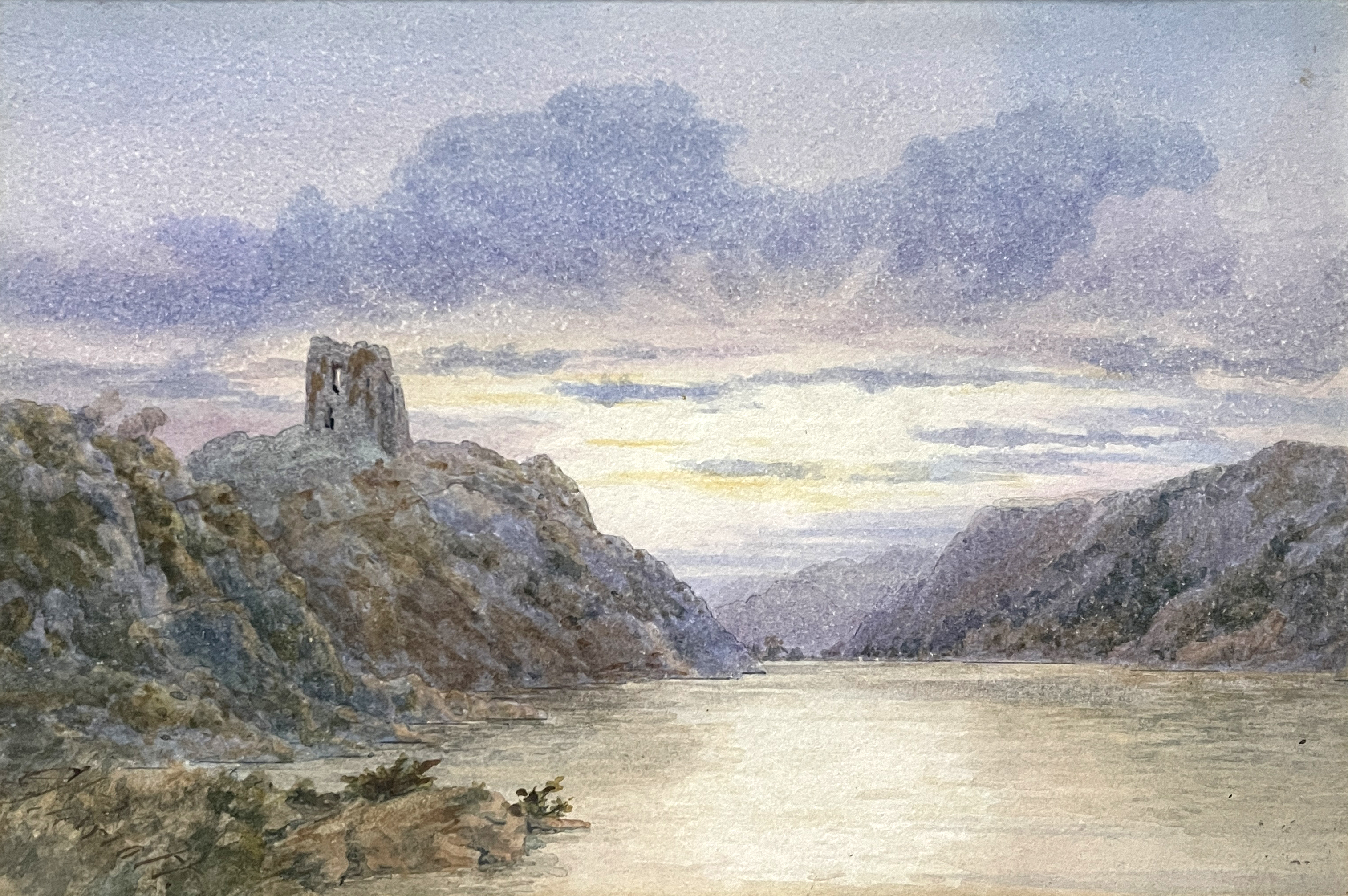 S.. Parrott (British, 19th Century), a lake scene with a castle ruin, signed l.l. watercolour, 20 by