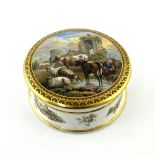 A 19th century Prattware Exhibition paste pot and cover decorated with cattle and ruins, within a