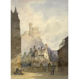 French School, 19th Century, village scenes with figures, castles on mountains above, a pair, one