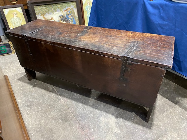 A 17th Century oak plank chest, moulded top with chip carved ends and corners, blacksmith hinges, - Image 8 of 10