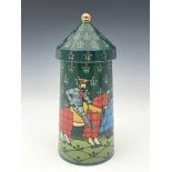 Sally Tuffin for Dennis Chinaworks, Jousting Knights vase and cover, tapered cylindrical form, 24.5c