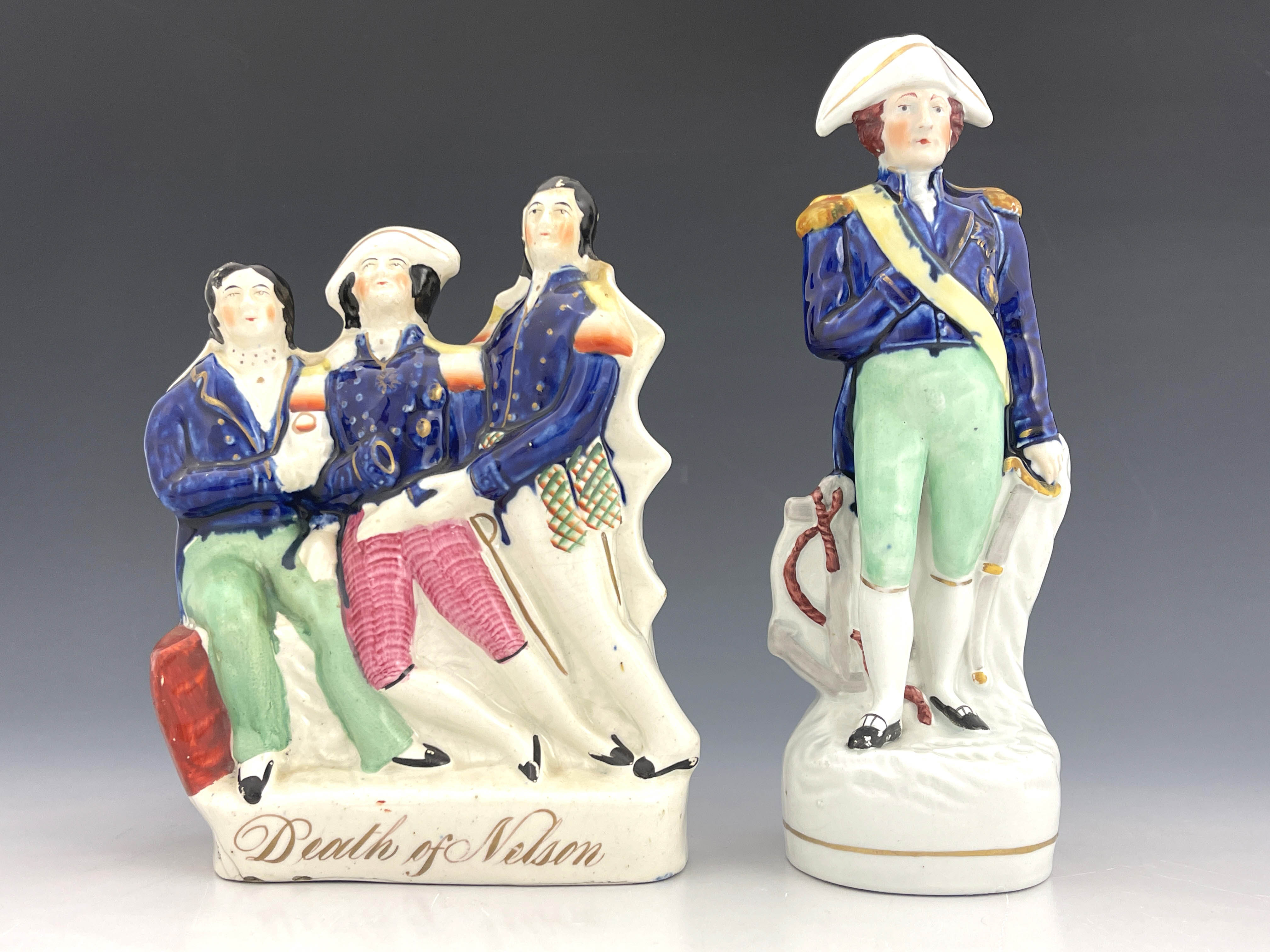 A mid 19th Century Staffordshire pottery flatback figure group, Death of Nelson, 22cm high, and a