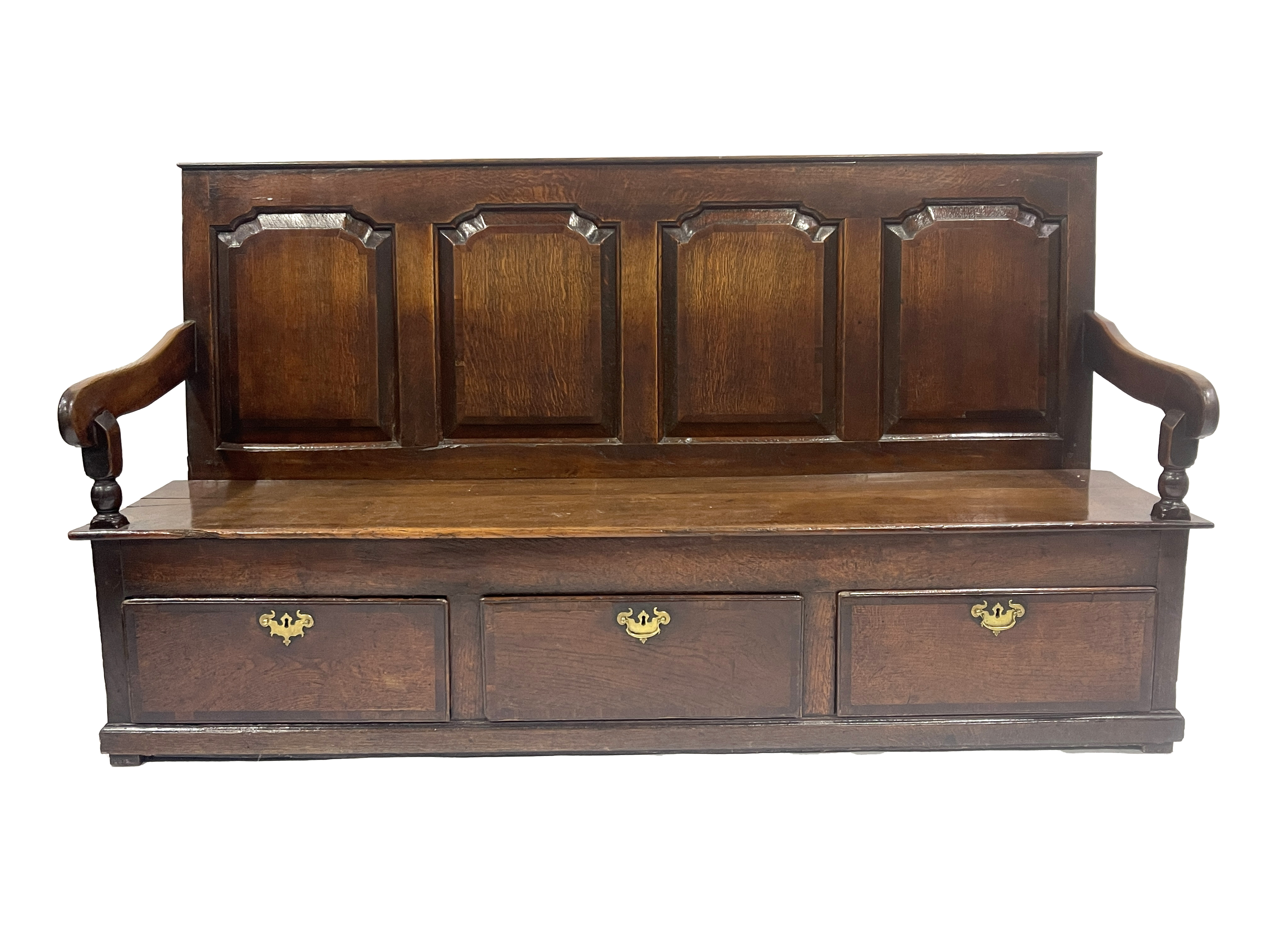 A George III country oak box settle, circa 1760, mahogany crossbanded fielded panelled back,