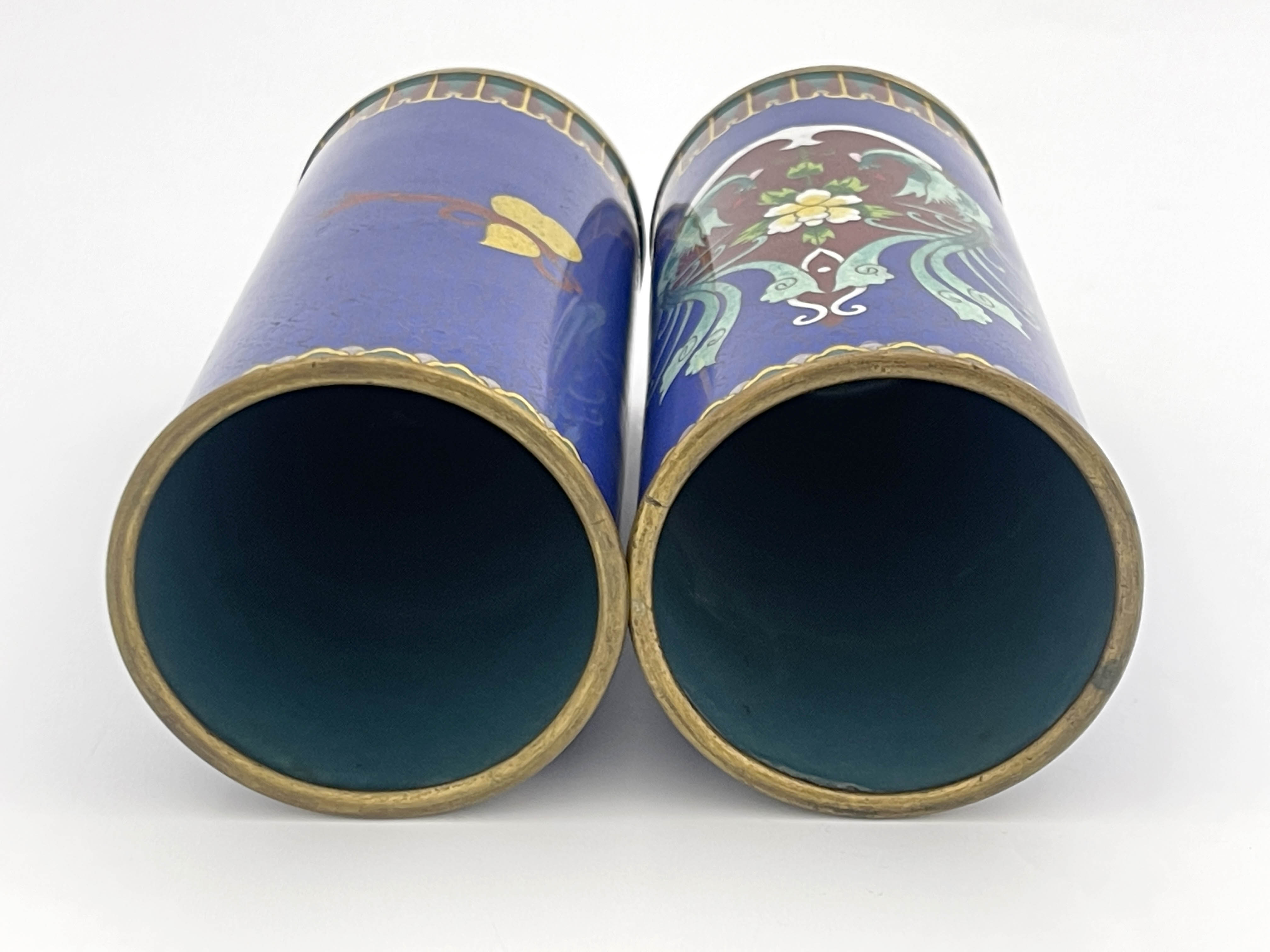 A pair of oriental cloisonne sleeve vases, decorated with stylised exotic birds amongst foliage on a - Image 2 of 4