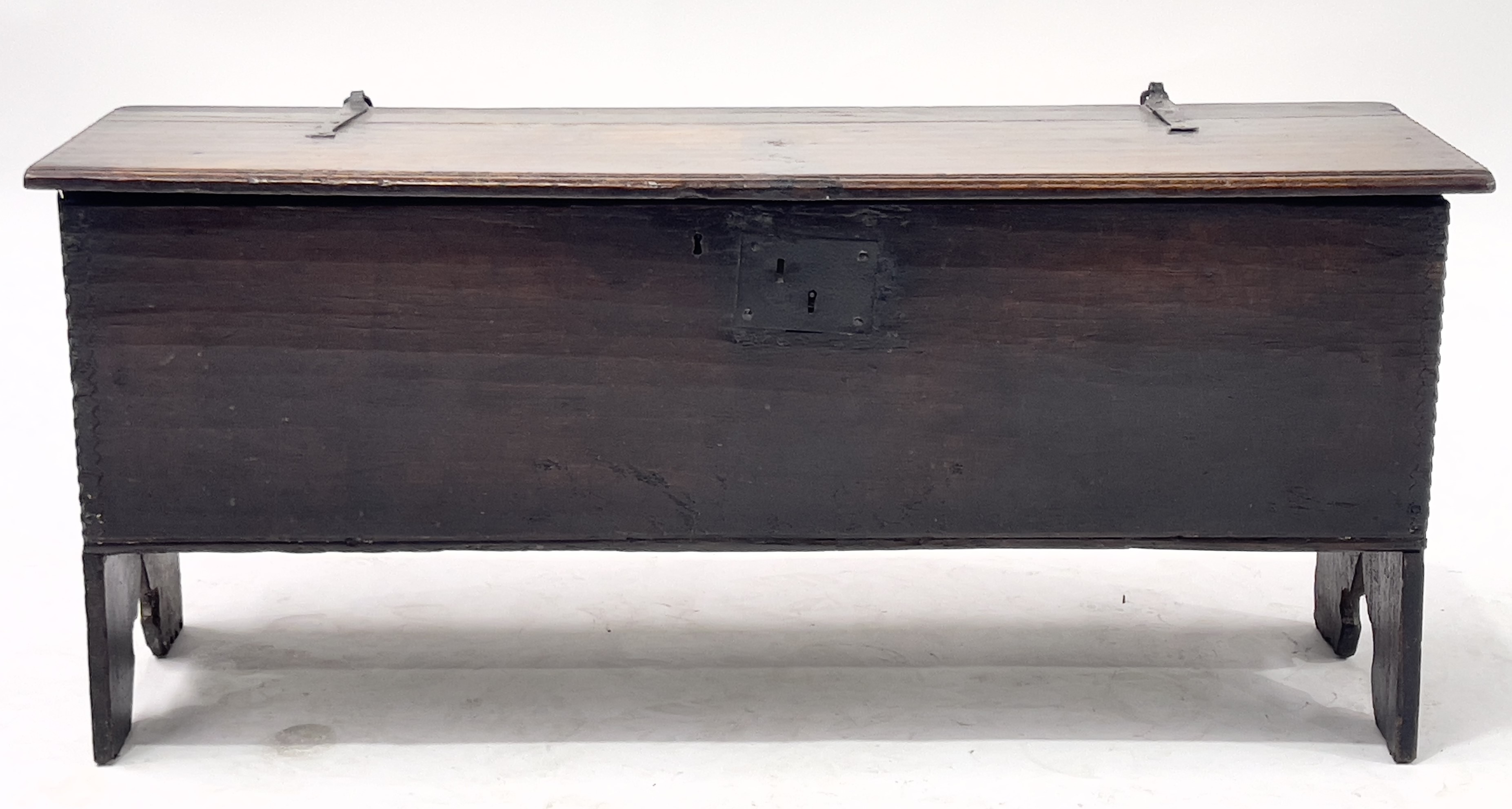 A 17th Century oak plank chest, moulded top with chip carved ends and corners, blacksmith hinges, - Image 2 of 10