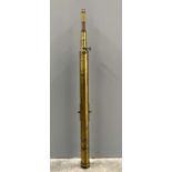 A 19th Century lacquered brass tripod telescope, telescopic mechanism, lens cover, 133cm long, (