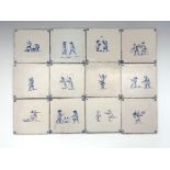 A set of twelve Dutch Delft tin glazed earthenware tiles, 19th Century, blue decorated with