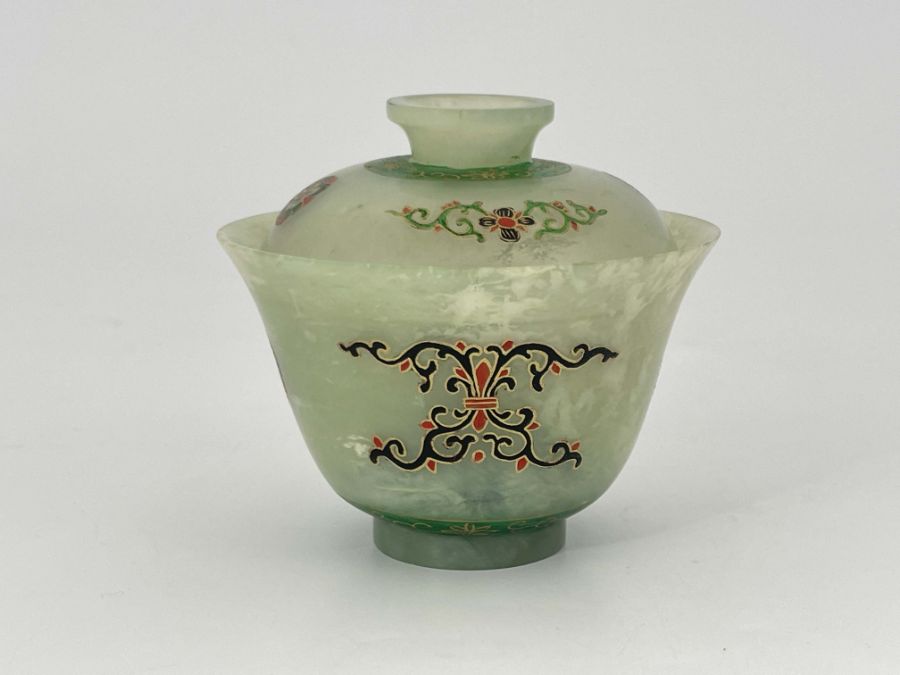 A Chinese pale jade covered rice bowl, footed cover, the main vessel of slightly flared form, enamel - Image 2 of 5