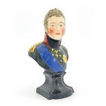 A Wood & Caldwell pearlware bust of Tsar Alexander I, in military uniform, raised on a socle, the