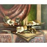 Style of of Agnes Augusta Talboys, kittens at play amongst books and manuscripts, oil on canvas,