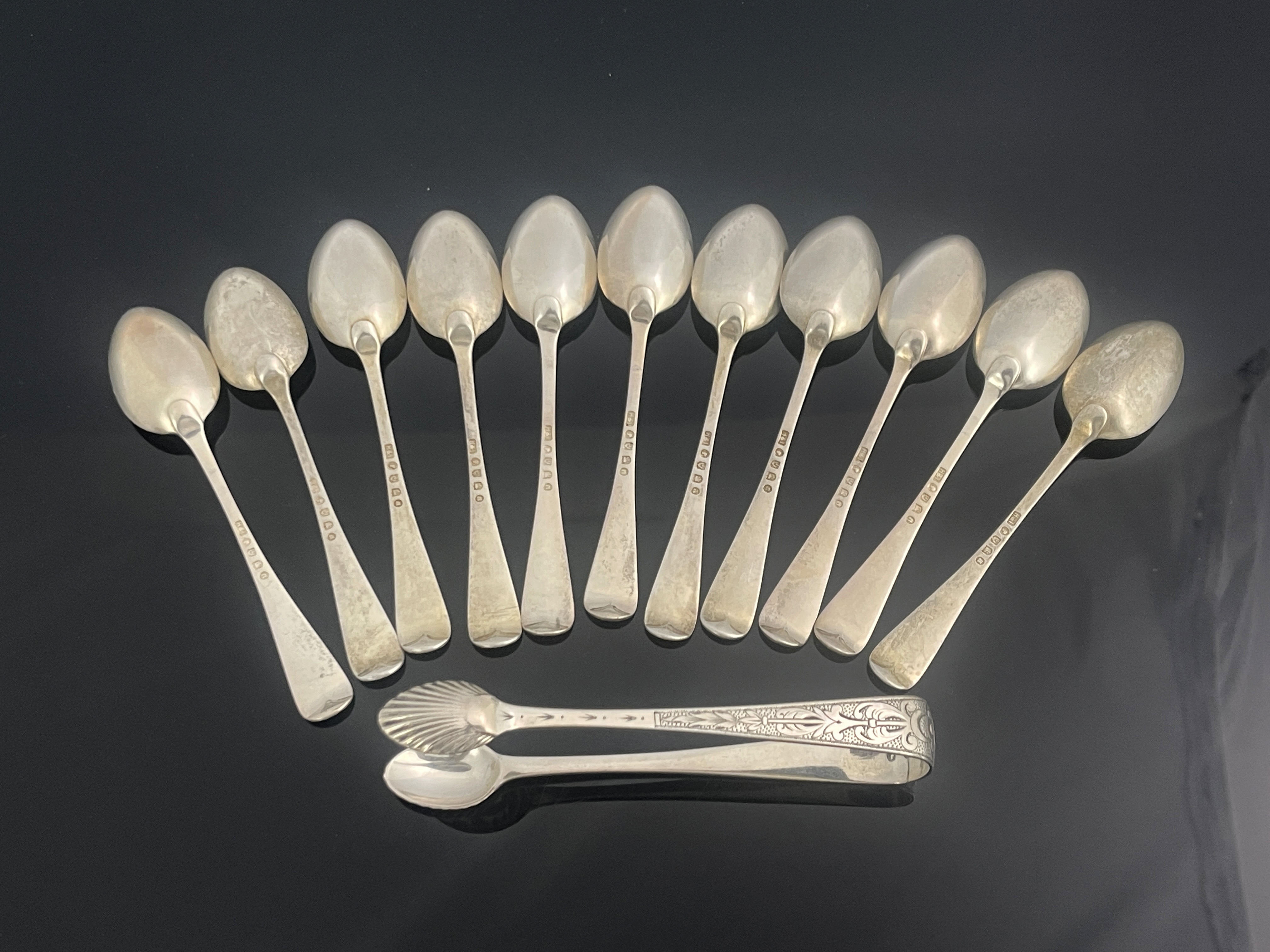 A set of eleven Victorian Scottish silver teaspoons and sugar tongs, Hamilton and Inches, Edinburgh - Image 2 of 3