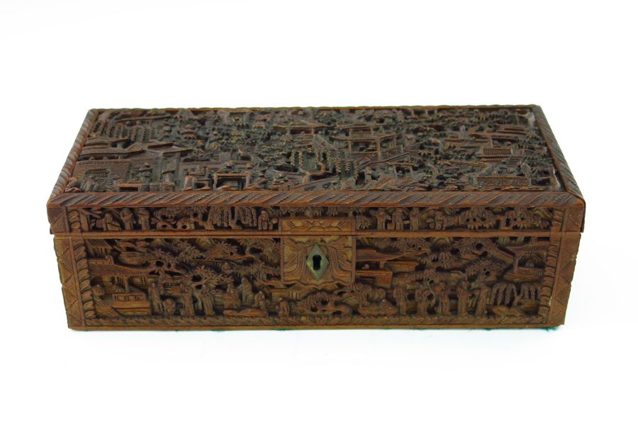 A late 19th Century Canton treen table casket, carved throughout in high relief with figures and