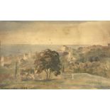 Follower of Peter de Wint, an Italian hilltop town, signed l.r., watercolour, 16 by 24cm, framed