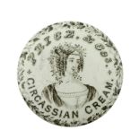 A 19th century advertising pot lid, Price & Co's Circassian Cream, printed monochrome portrait
