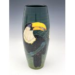 Sally Tuffin for Dennis Chinaworks, toucan vase, flared and tapered cylindrical form, 33cm high